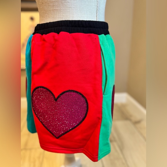 New! QUEEN OF SPARKLES Color Block Rhinestone Heart Skort - Picture 4 of 11